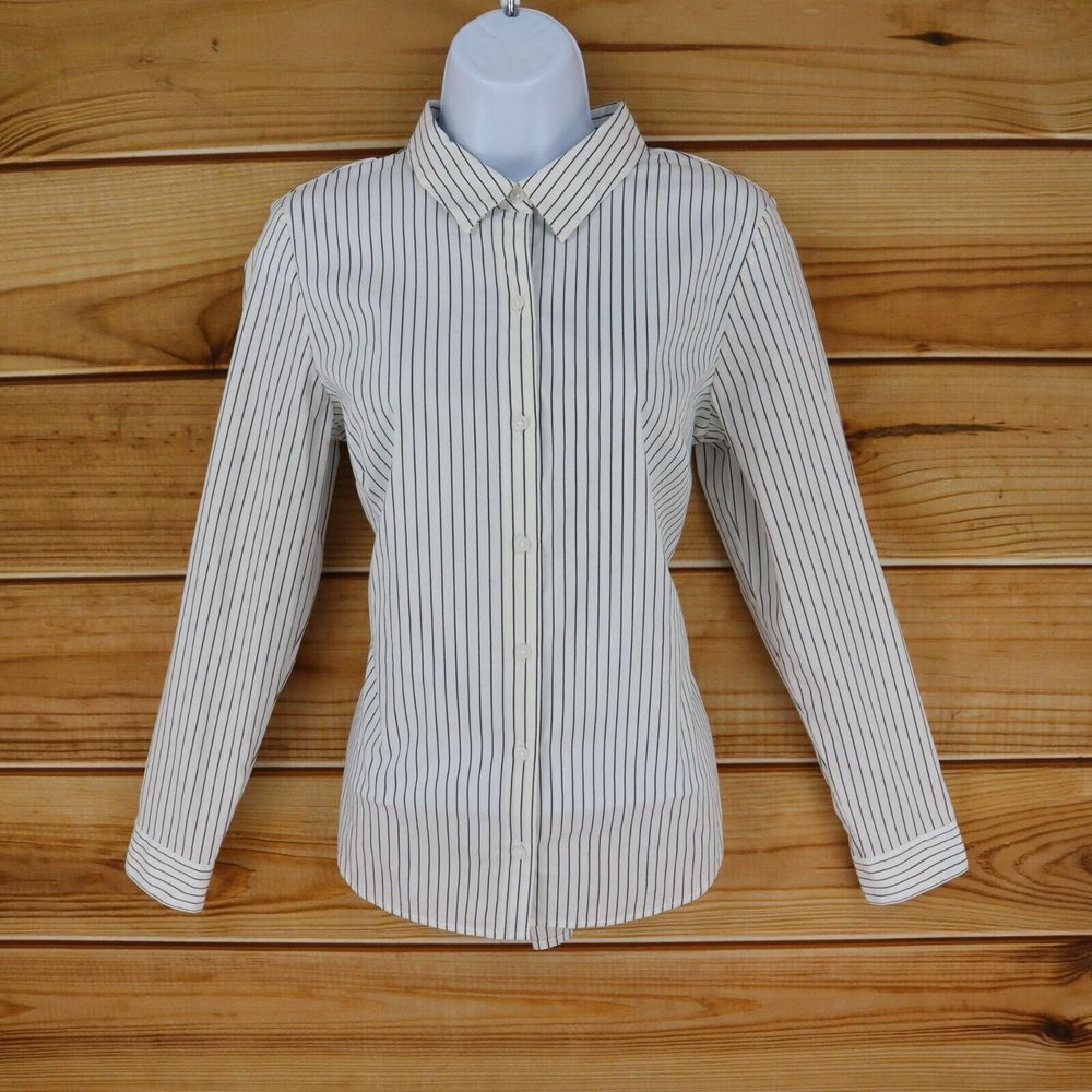 Nine West Button Up Shirt Womens Size PM White Black Stripes Collar Long Sleeve